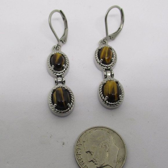 South African Tiger's Eye Dangle Earrings in Stainless Steel 4.60 ctw - Picture 5 of 7